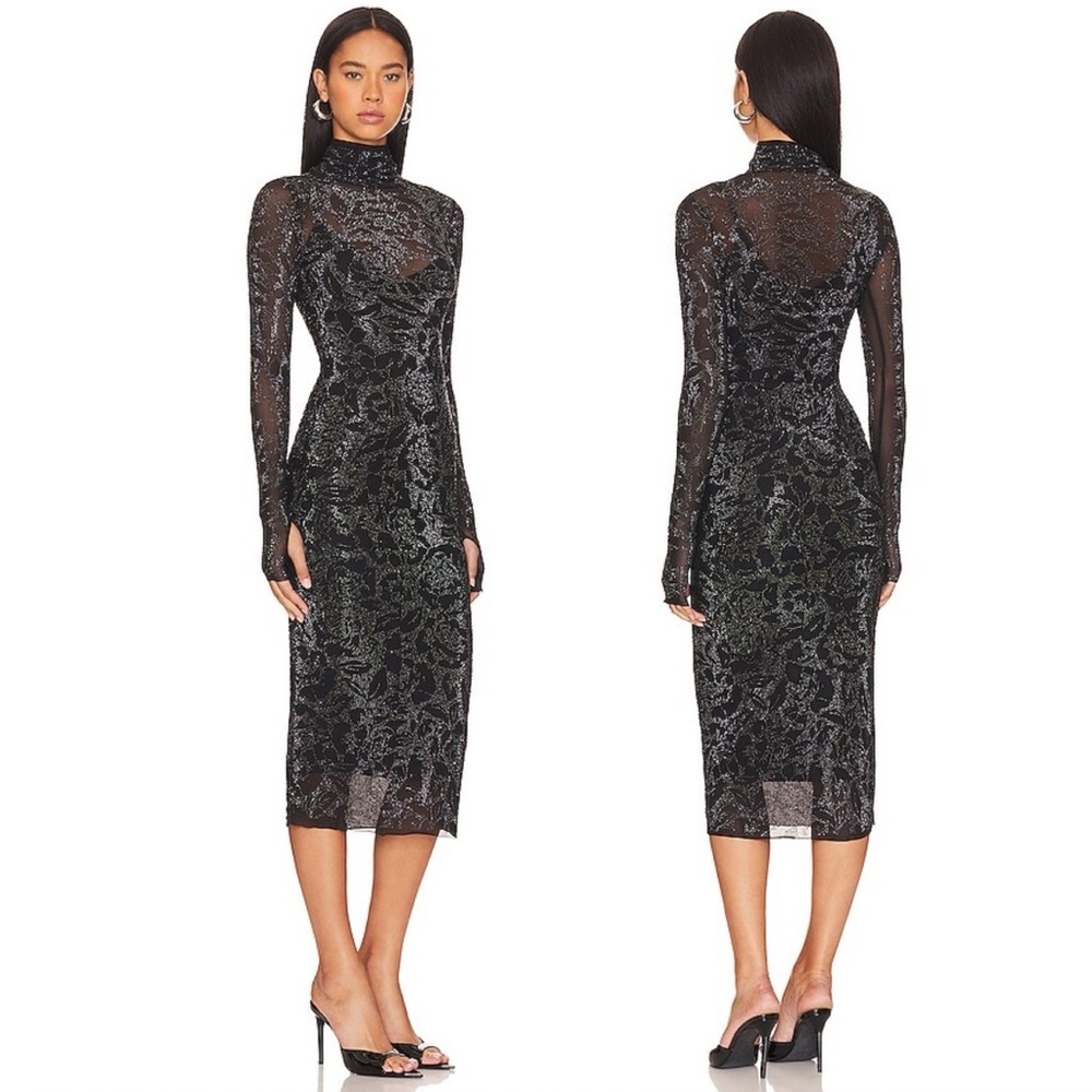 AFRM Elegant Black Jeweled Midi Rosette Dress Sz L